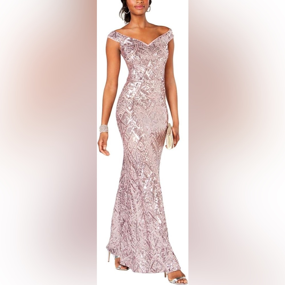 Betsy & Adam Off the Shoulder Rose Gold Sequin Prom Dress